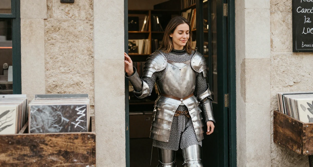 A smiling gently Female Previously a stay-at-home mom, now monetizing relatable lifestyle content in their 33, struggling with work-life balance, wearing a female knight armor with a tabard and chainmail, leaning against a door in a vintage record store.