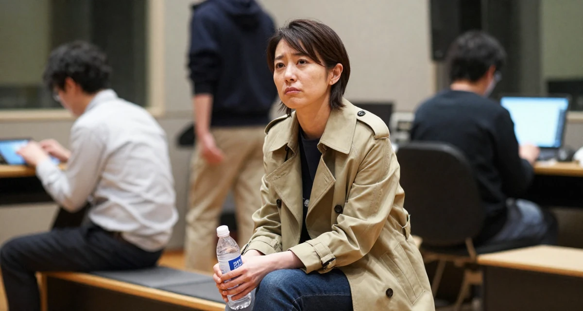 A judgemental Female From Japan, majored in interactive media in their 40, embracing natural beauty and self-acceptance, wearing a stylish trench coat over basics, holding a water bottle in a recording booth.