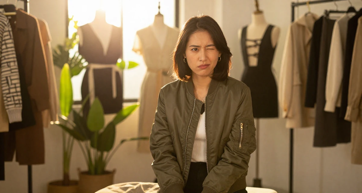 A suspicious Female From Vietnam, majored in social work in their 28, saving aggressively for first home, wearing a classic bomber jacket style, winking playfully in a fashion design studio.