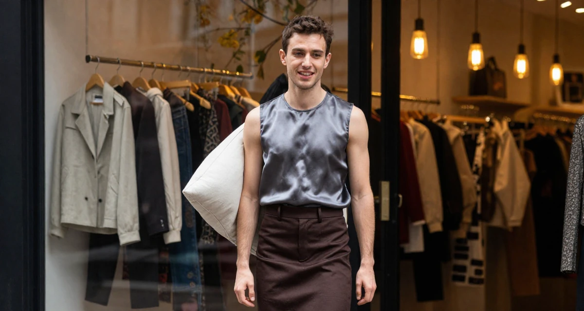 A amused male From UK, trained in musical theatre in their 26, learning to endure hate comments quietly, wearing a sleeveless silk top and a high-waisted skirt, hugging a pillow or cushion in a clothing boutique.