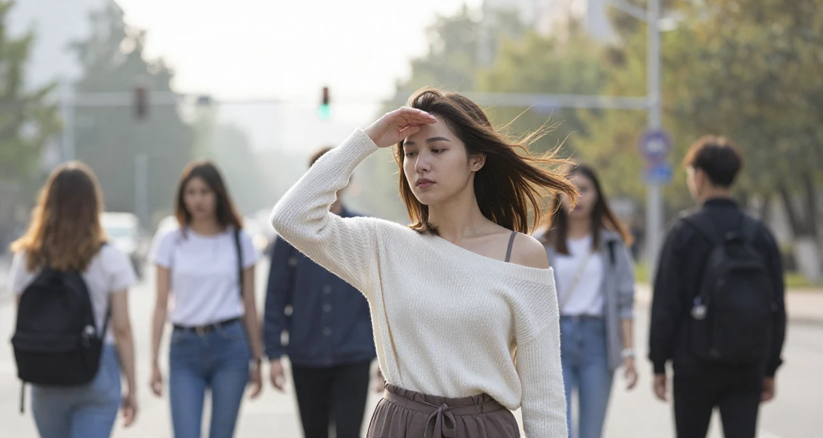 A deeply absorbed Female From Hungary, has a background in physical education in their 21, drifting between different friend groups, wearing a off-the-shoulder knit top and dress pants, shielding face from the wind in a university campus.