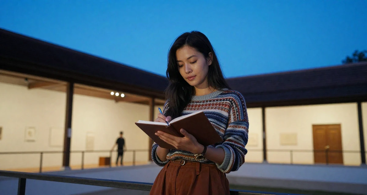 A soft Female From Chiang Mai Thailand, studied alternative wellness and body flow in their 20, radiating fresh-faced youthful energy, wearing a vintage sweater and high-waist pants, writing in a notebook in a museum exhibit.