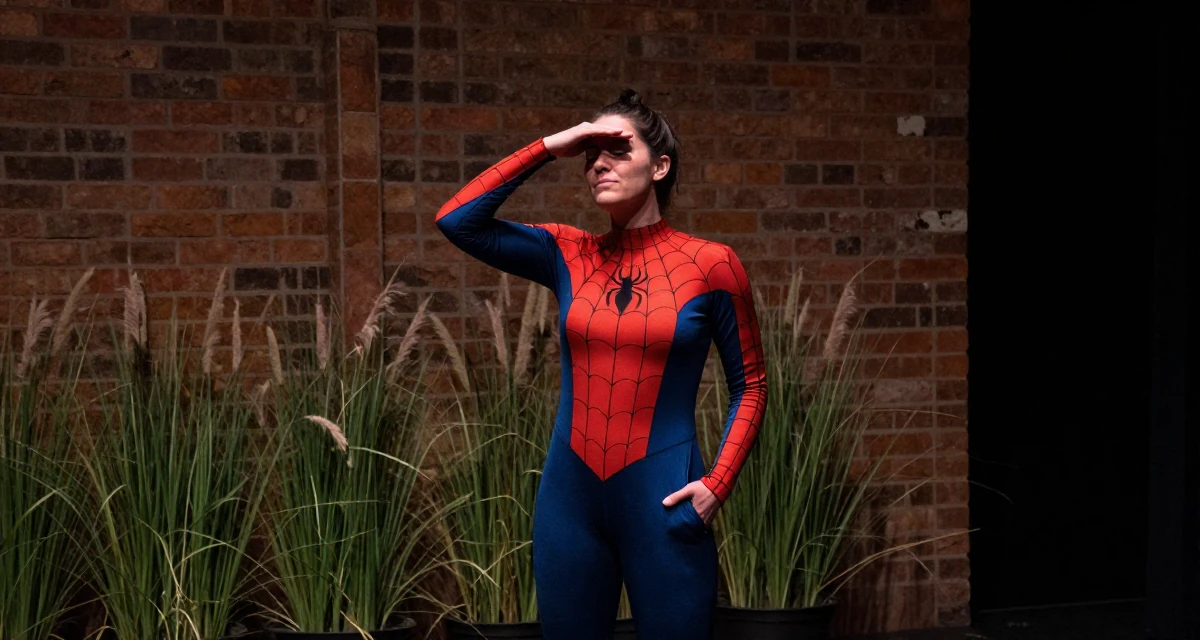 A relieved Female From Brisbane Australia, majored in physiotherapy in their 36, sharing the ups and downs of entrepreneurship, wearing a spider-themed villainess suit, shading eyes with a hand in a empty theater stage.