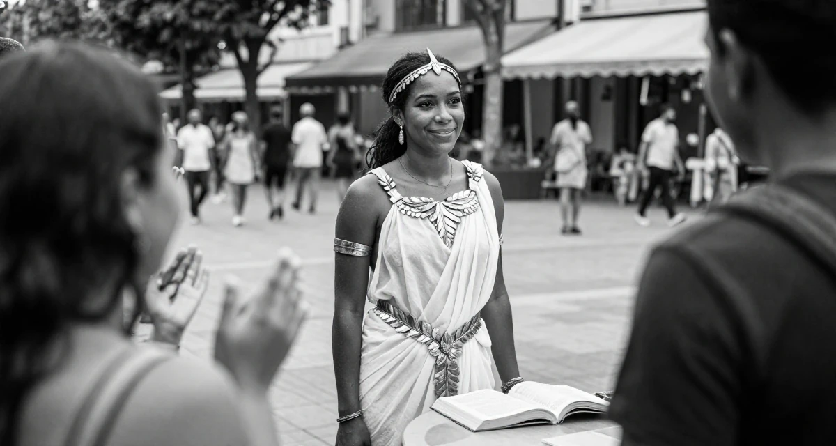 A yearning Female From Madagascar, majored in ecotourism in their 22, feeling powerful when fans appreciate confident vibes, wearing a greek goddess toga with gold leaf accessories, smiling at a stranger in a pedestrian plaza.
