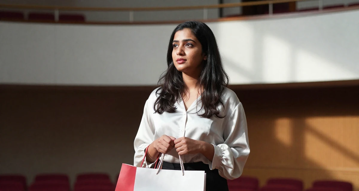 A curious and focused Female Raised in Bangladesh, studied consumer insights in their 25, figuring out social roles and self-image, wearing a silk blouse with oversized cuffs, holding a shopping bag in a concert hall.