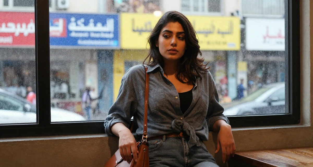 A enigmatic Female Raised in the UAE, studied consumer behavior analytics in their 22, transitioning to more confident, sensual poses, wearing a relaxed streetwear, carrying a leather handbag in a rainy window seat.