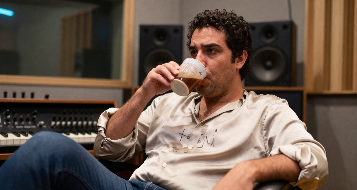 A content male From Brazil, based in Curitiba, graduated from a regional college majoring in advertising design in their 35, sharing the journey of learning a new language, wearing a silk blouse with oversized cuffs, sipping a warm drink in a music recording studio.