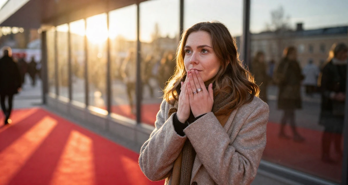 A longing Female From Helsinki Finland, studied visual communication in their 25, learning to deal with unsolicited feedback online, wearing a warm winter layered look, playing with a ring on a finger in a red carpet event.