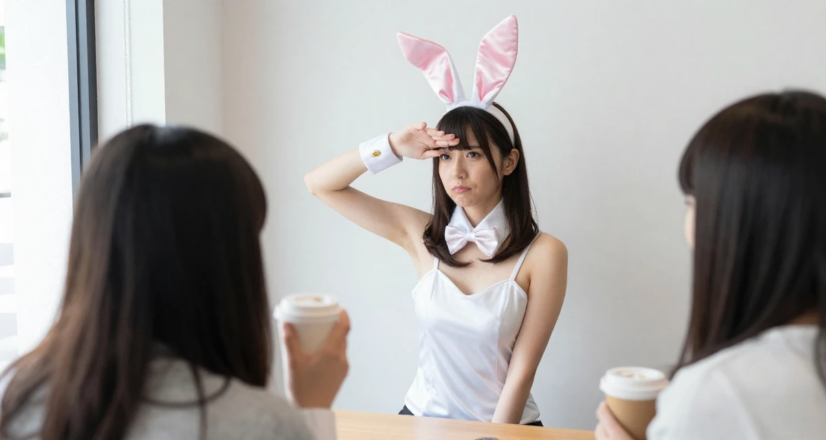 A stressed Female From Tokyo Japan, studied gravure-style posing and aesthetic direction in their 25, learning boundaries the hard way from pushy fans, wearing a playful bunny girl costume with satin ears and cuffs, shading eyes with a hand in a coffee shop corner.