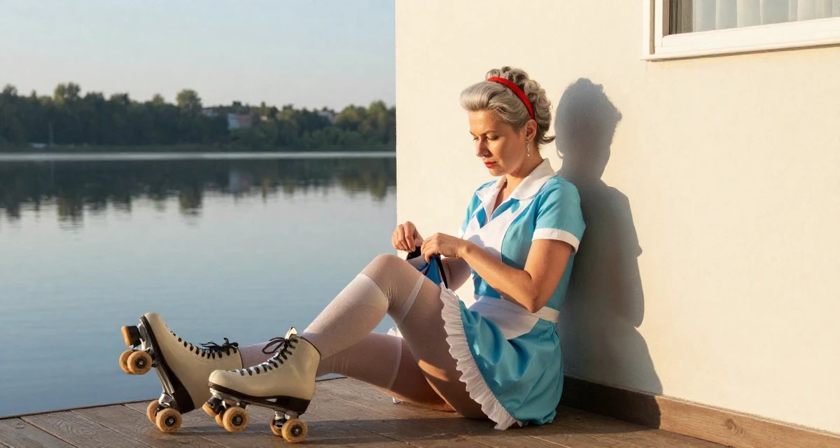 A defiant Female From Russia, majored in international trade in their 48, embracing grey hair with style and grace, wearing a retro 50s diner waitress uniform with roller skates, reaching into a bag in a home interior.