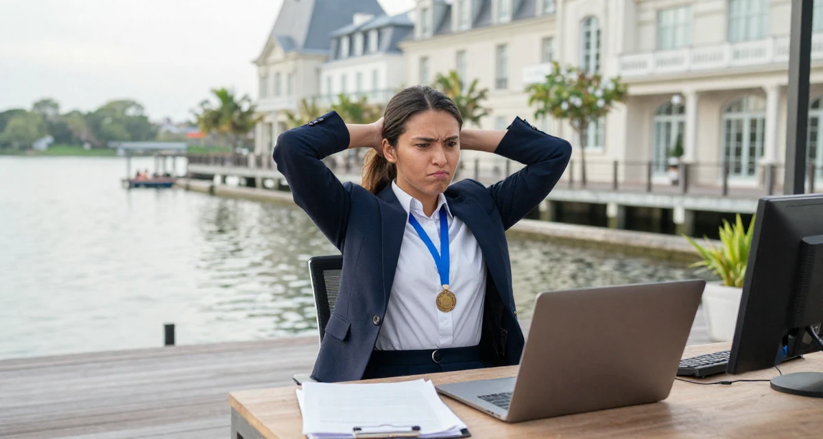 A pouting Female From the Philippines, based in Cebu City, graduated from a local college majoring in public relations in their 34, managing a remote team from a home office, wearing a school council president uniform with a blazer, carrying a tote bag in a lakeside dock.