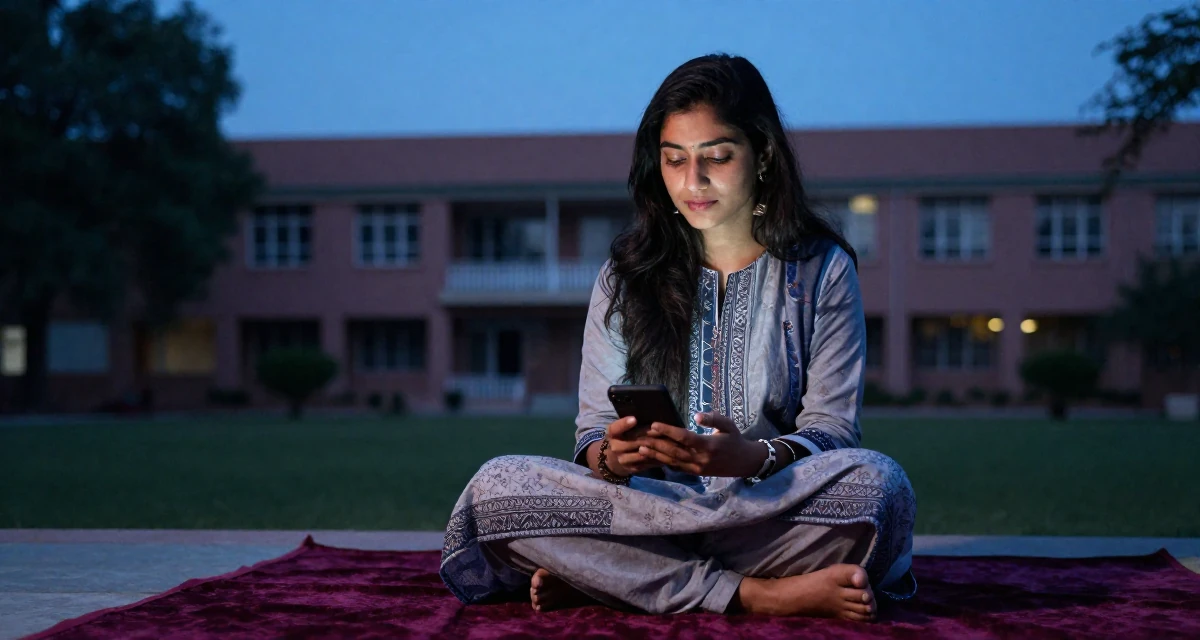 A dreamy Female Raised in Pakistan, majored in mass communication in their 22, forming early ideas of personal branding, wearing a artistic layered clothing, scrolling casually in a university campus.