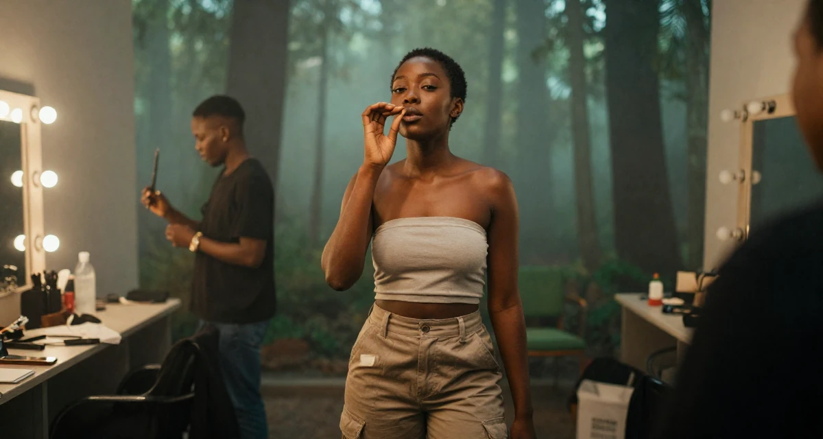 A self-assured Female From Ivory Coast, studied music production in their 23, elevating content toward more polished sensual visuals, wearing a strapless tube top and cargo pants, taking a deep breath in a backstage dressing room.