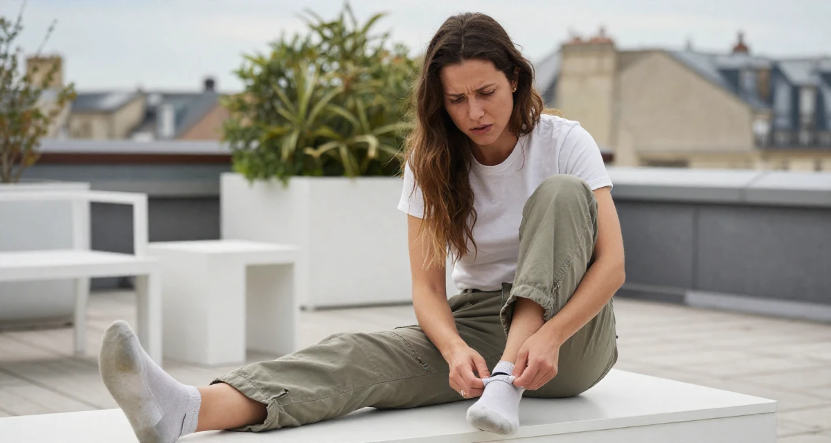 A content Female From Paris France, majored in cultural studies in their 25, dealing with anxiety about first paying subscribers, wearing a simple t-shirt and cargo pants, pulling up a sock in a rooftop garden.