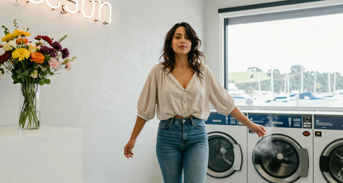 A proud and dignified Female From Wellington New Zealand, studied creative writing and visual narrative in their 25, trying to build an aesthetic that feels authentic, wearing a loose fitting blouse tucked into tight jeans, kicking up dust playfully in a laundromat with neon signs.
