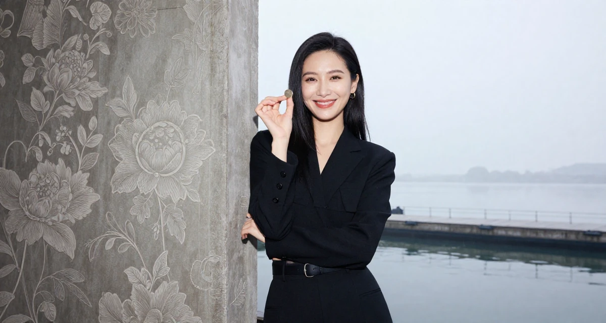 A bright and optimistic Female From Suzhou China, holds a degree in architecture in their 24, building a flirty persona fans instantly recognize, wearing a monochromatic black outfit, flipping a coin in a foggy harbor.