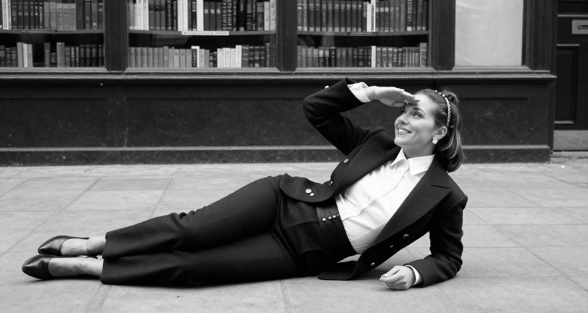 A friendly Female From UK, studied fashion marketing in London in their 24, refining a signature style between classy and daring, wearing a circus ringmaster outfit with a tailcoat, shading eyes with a hand in a pedestrian plaza.