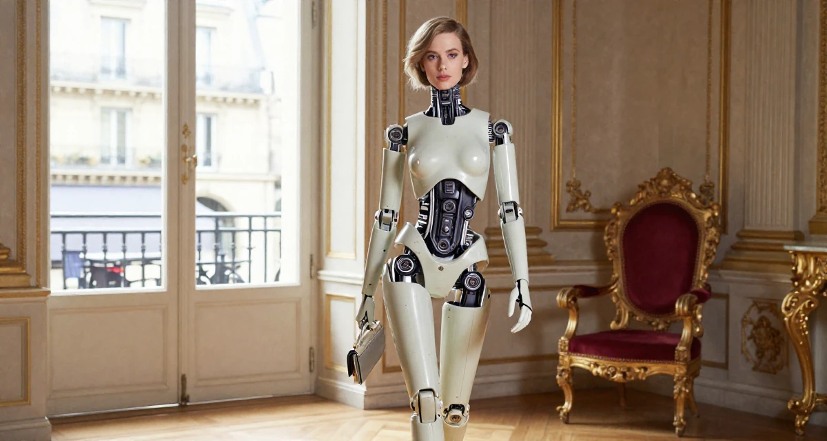 A alluring Female Once a real-estate assistant, now a full-time self-portrait artist in their 23, dealing with fluctuating subscriber numbers, wearing a cybernetic doll outfit with porcelain-like skin textures, clutching a clutch bag in a royal palace throne room.