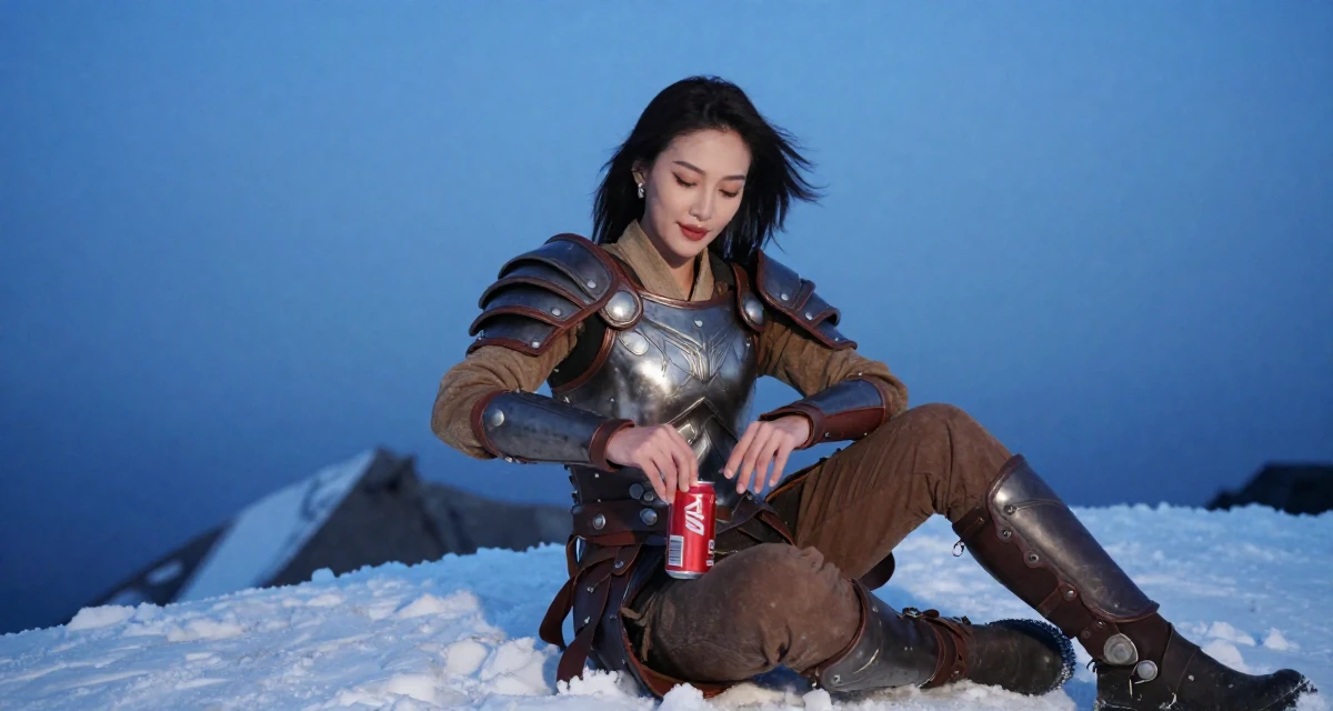 A bewitching Female Born in Indonesia, studied brand communication in their 41, rebuilding confidence after job loss, wearing a gladiator armor with leather straps and a metal breastplate, opening a soda can in a snowy mountain peak.