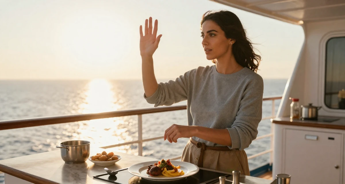 A open and honest Female From Libya, studied marine engineering in their 31, learning to cook gourmet meals at home, wearing a modern casual lifestyle wear, adjusting sleeves in a cruise ship deck.