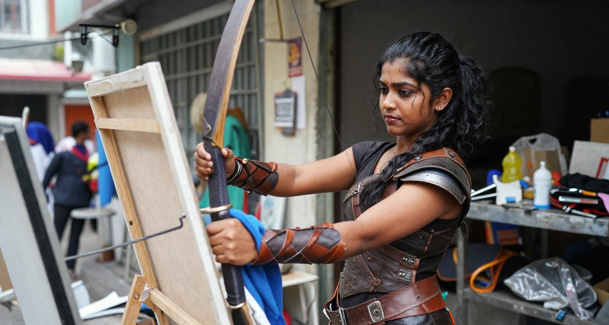 A self-assured Female From Sri Lanka, based in Kandy, graduated from a regional institute majoring in advertising in their 23, learning to rebuild after severe drops in engagement, wearing a fantasy elven archer outfit with leather armor details, smoothing out clothes in a messy artist studio.