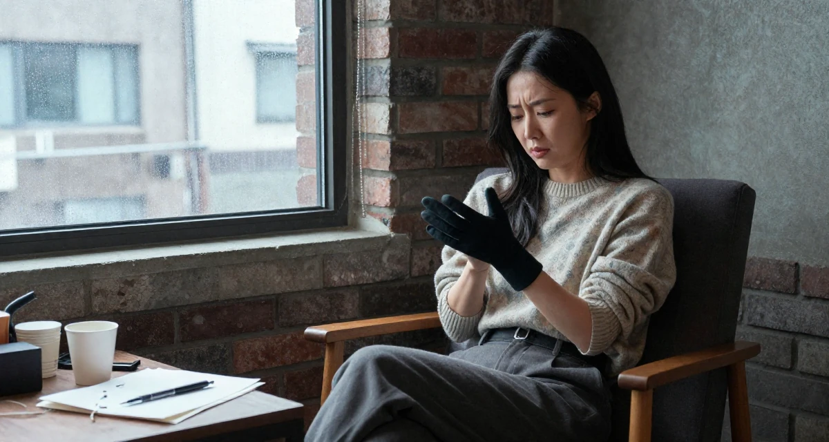 A poised Female From Busan South Korea, trained at a private dance academy in their 25, dealing with anxiety about first paying subscribers, wearing a vintage sweater and high-waist pants, putting on a glove in a loft apartment with brick walls.