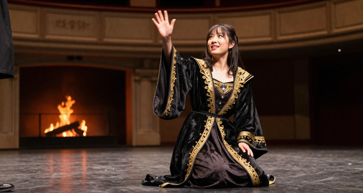 A lazy Female Previously a chemistry student, now shooting artistic self-portrait content in their 47, sharing tips on managing a multigenerational home, wearing a high-fantasy sorceress robe with gold embroidery, waving to someone in a empty theater stage.