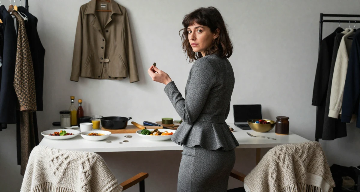 A composed Female From Prague Czech Republic, majored in multimedia journalism in their 47, sharing the joy of slow food and cooking, wearing a structured peplum jacket and a tight skirt, flipping a coin in a fashion design studio.