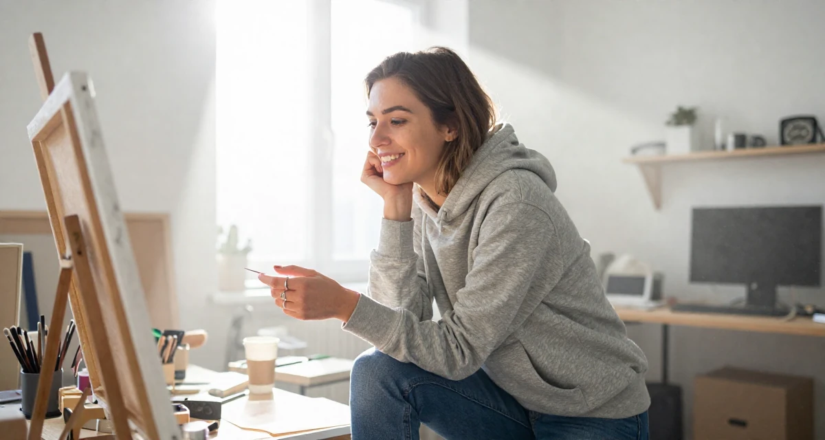A upbeat Female From Bergen Norway, studied business economics in their 23, balancing risk-taking with stability needs, wearing a classic grey hoodie and jeans, playing with a ring on a finger in a messy artist studio.