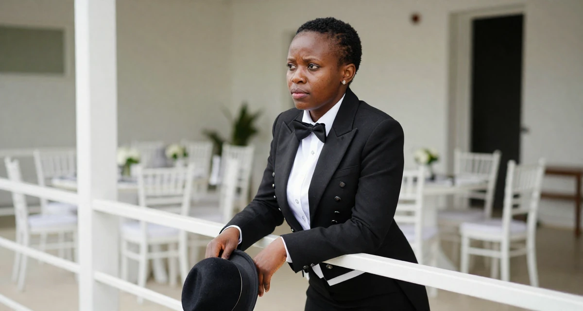 A contemplative Female From Rwanda, majored in social innovation in their 29, fighting the fear of being “too old for the platform”, wearing a circus ringmaster outfit with a tailcoat, holding a hat in a wedding venue.