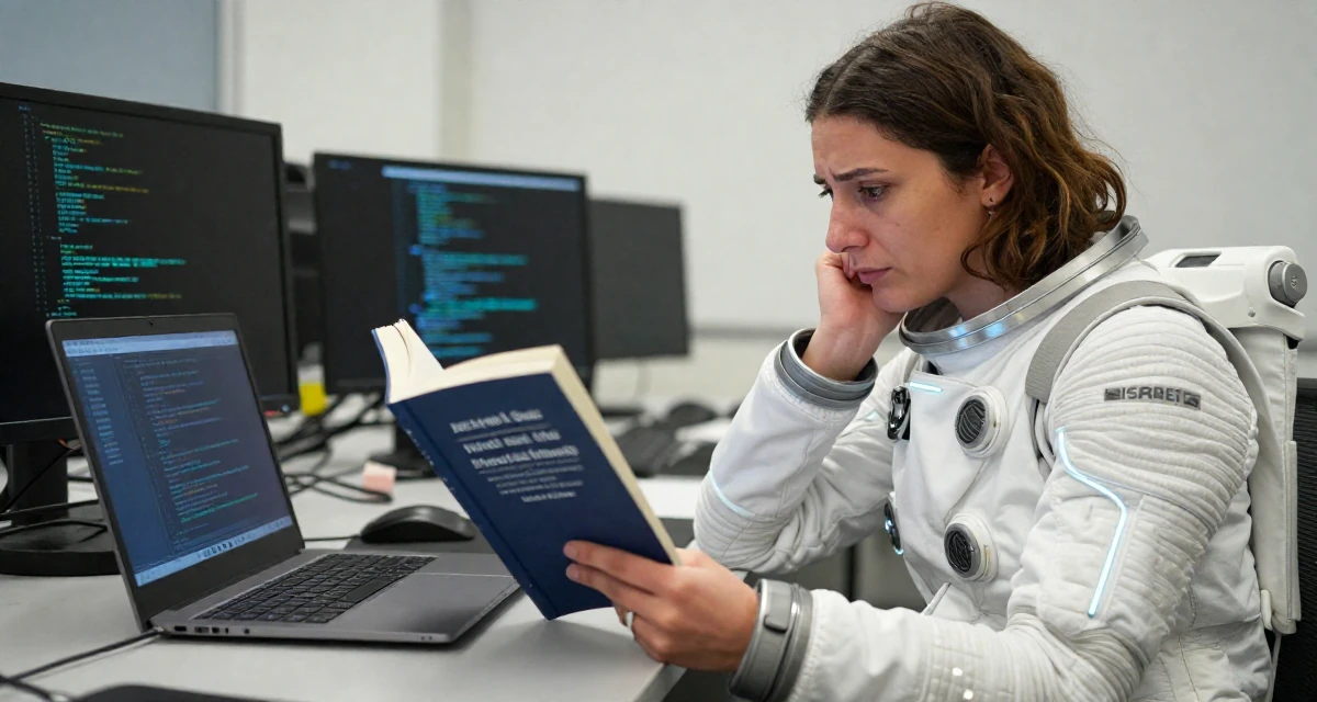 A sorrowful Female From Israel, majored in computational biology in their 34, reviewing books and sharing reading lists, wearing a futuristic space pilot plugsuit with glowing lines, tapping a foot rhythmically in a cybernetic computer lab.