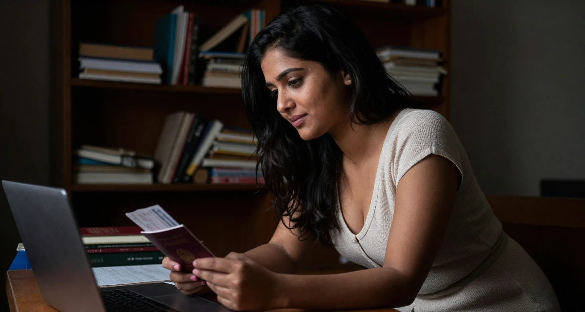 A grateful Female From New Delhi India, majored in English literature in their 31, starting fitness journey, wearing a soft knit dress with a plunging neckline, holding a passport or ticket in a classroom setting.