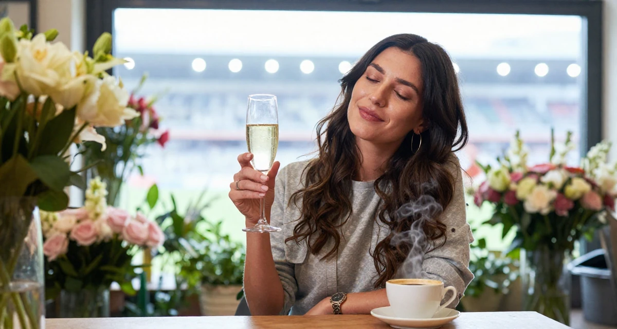 A aloof but intriguing Female From Italy, based in Milan, graduated from a design school majoring in sensual visual communication in their 35, celebrating a major career milestone, wearing a modern casual lifestyle wear, holding a champagne glass in a flower shop.