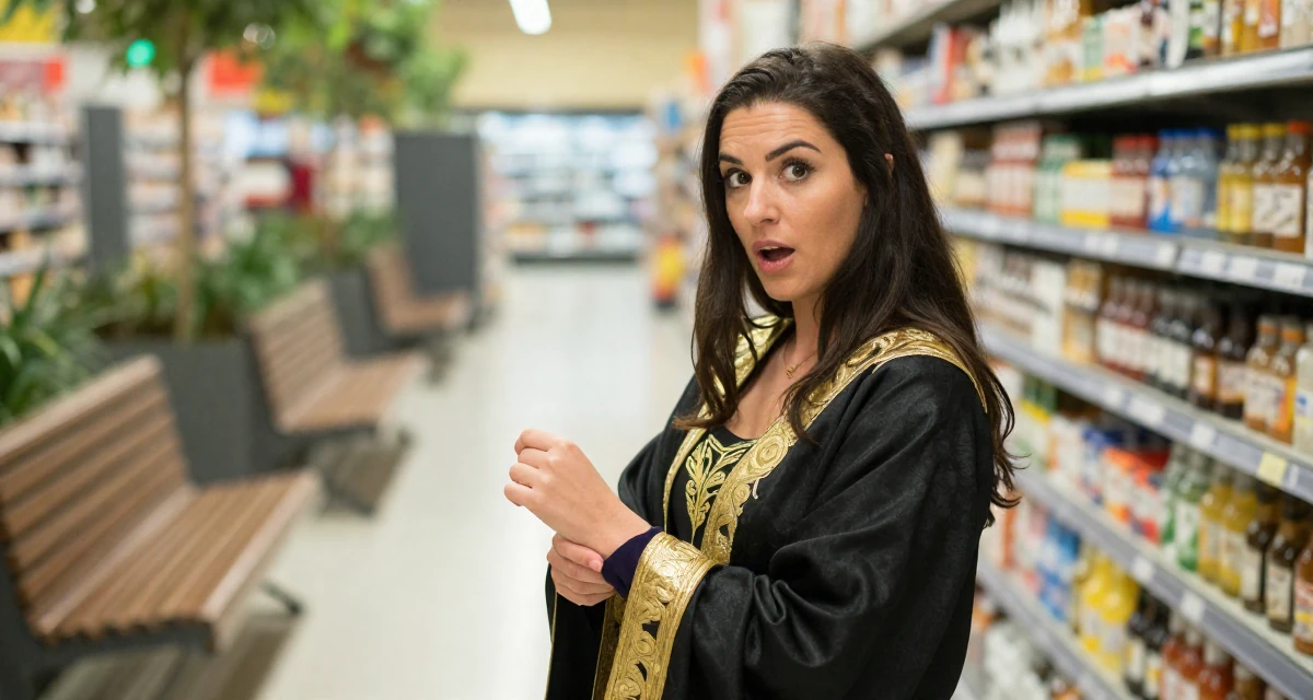 A surprised Female Previously a hotel receptionist, now a travel-inspired content creator in their 33, considering switching careers, wearing a high-fantasy sorceress robe with gold embroidery, fixing a cufflink in a supermarket aisle.