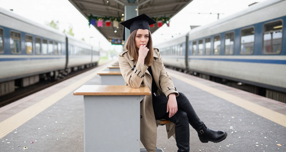 A composed Female From Finland, studied applied linguistics in their 21, feeling the anxiety of impending graduation, wearing a timeless trench and boots, biting a lip thoughtfully in a train platform.
