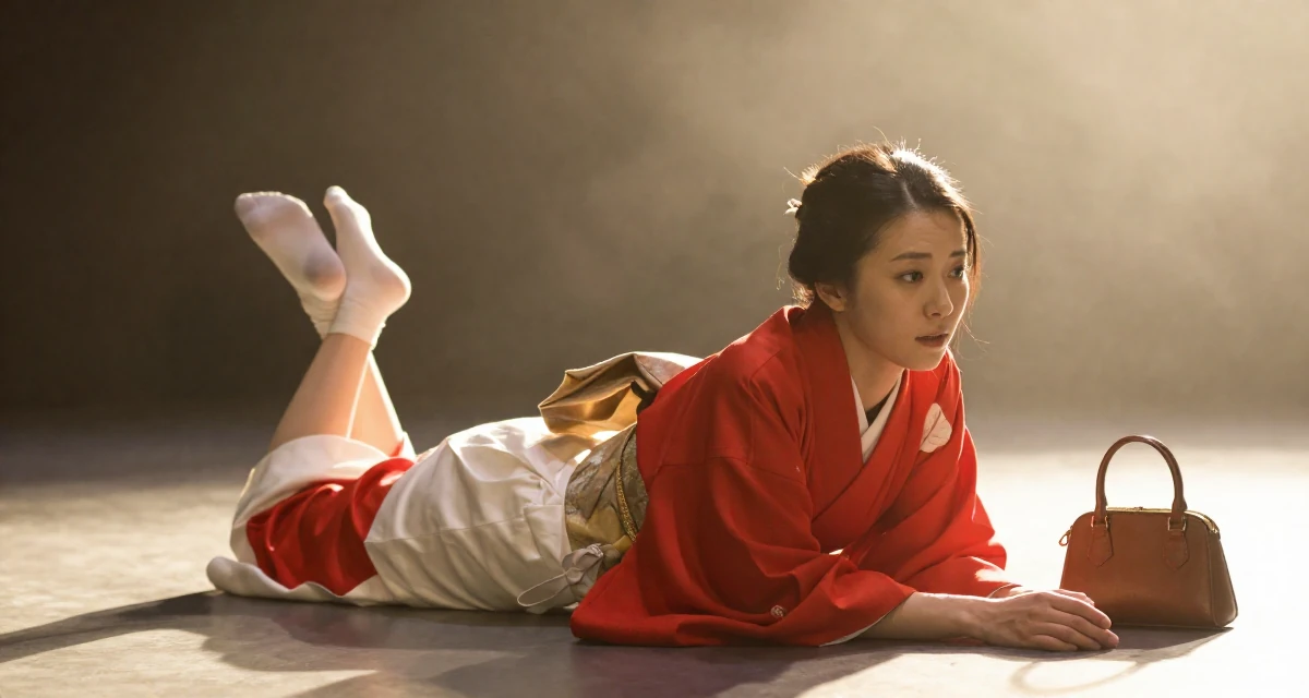 A vulnerable Female Once a real-estate assistant, now a full-time self-portrait artist in their 33, protecting personal time fiercely, wearing a traditional Japanese miko priestess robe in red and white, carrying a leather handbag in a theater stage.