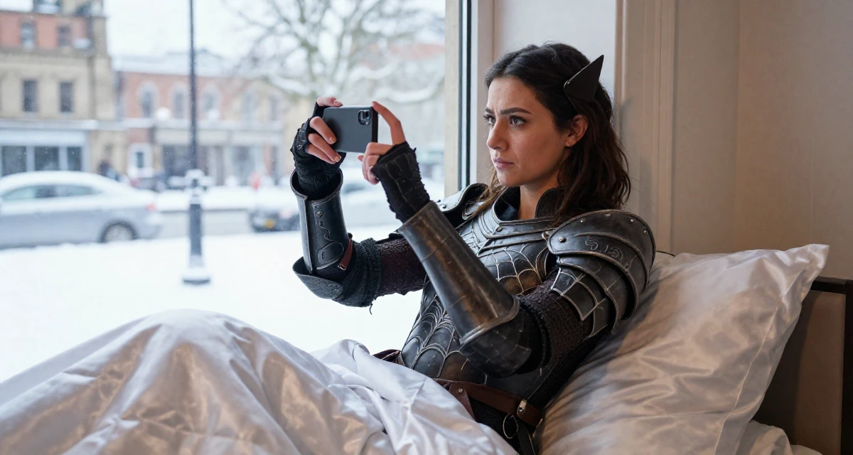 A unimpressed Female From the United Kingdom, based in Manchester, graduated from a city university majoring in marketing strategy in their 23, saving aggressively for a dream travel trip, wearing a dark elf leather armor with spiderweb motifs, taking a photo in a snowy sidewalk.