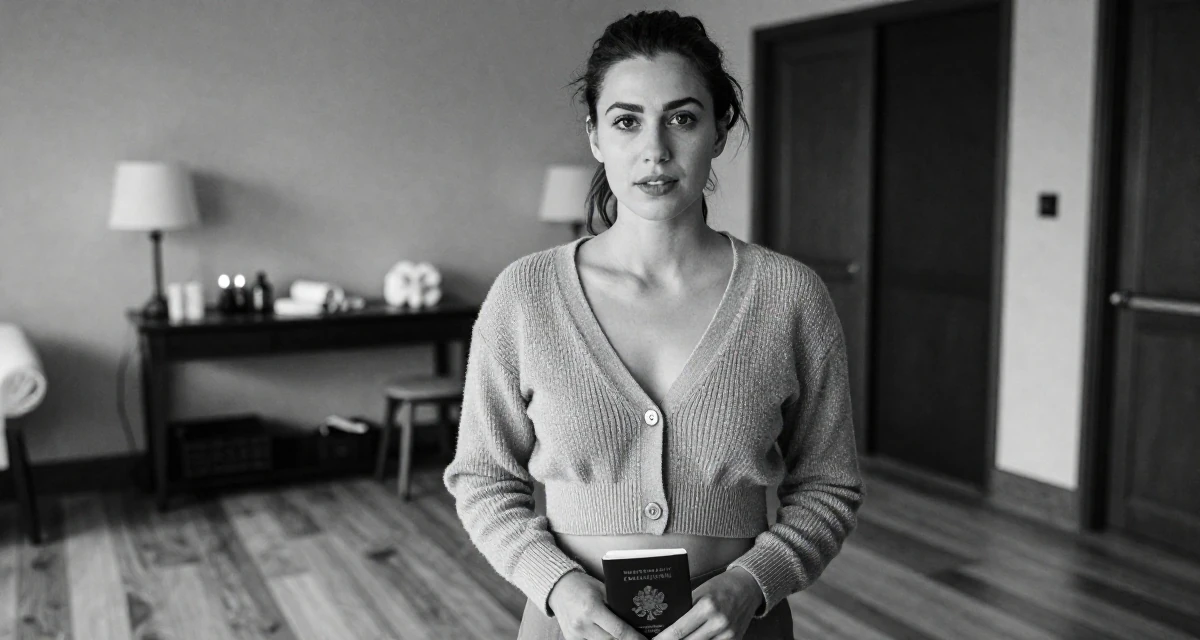 A sophisticated Female Born in New Zealand, studied creative media production in their 28, investing in high-quality lifestyle upgrades, wearing a cropped cardigan with only one button fastened, holding a passport in a luxury spa room.