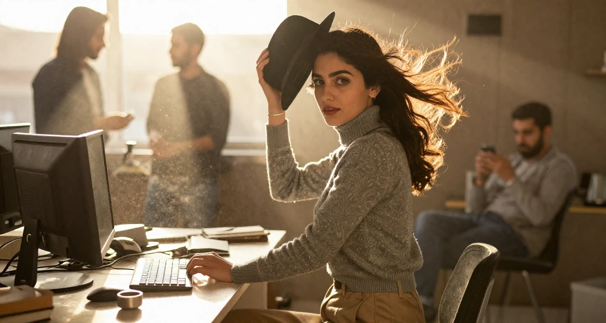 A humble Female Born in Egypt, studied public relations in their 22, grinding nonstop while peers enjoy carefree weekends, wearing a sophisticated turtleneck and trousers, holding a hat against the wind in a messy desk.