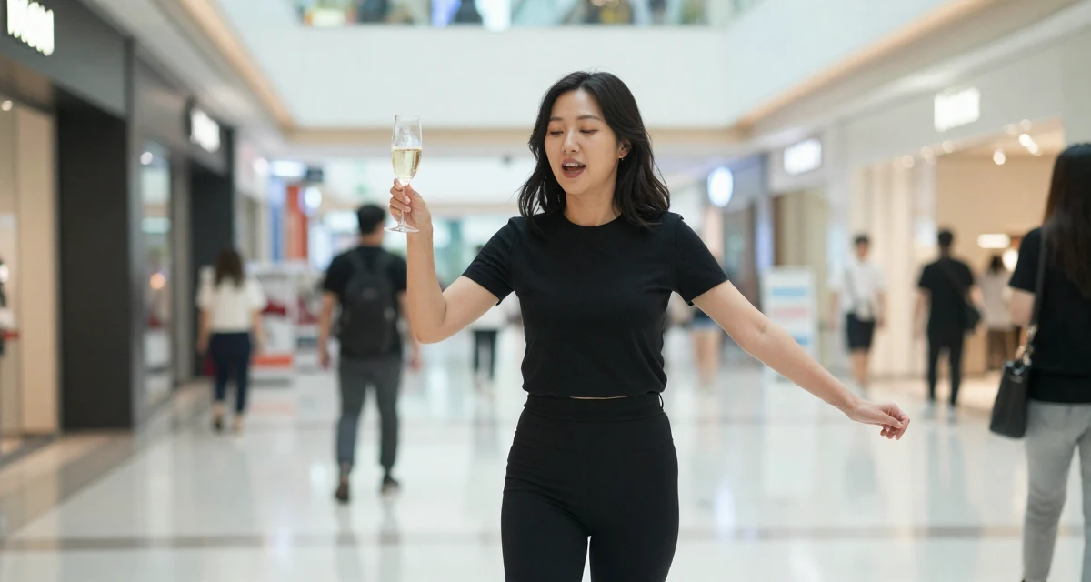 A enthusiastic Female From South Korea, based in Busan, graduated from a design institute majoring in visual communication in their 31, starting fitness journey, wearing a monochromatic black outfit, holding a champagne glass in a shopping mall atrium.
