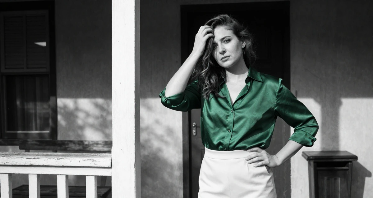 A sincere Female From Hungary, majored in communication strategy in their 25, planning next steps in personal development, wearing a emerald green silk blouse and a cream skirt, pushing hair from face in a front porch.