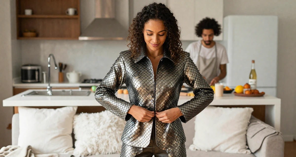 A smiling gently Female From Brazil, studied logistics engineering in their 20, experimenting with new social circles and hobbies, wearing a dragon scale armor texture with metallic sheen, buttoning up a jacket in a sunlit kitchen island.