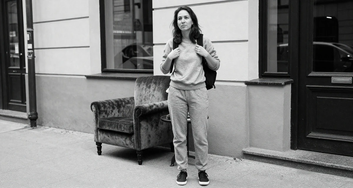 A unbothered Female Grew up in the Czech Republic, studied digital film production in their 35, sharing luxury travel experiences on a budget, wearing a grey tones casual wear, adjusting a backpack strap in a city sidewalk.