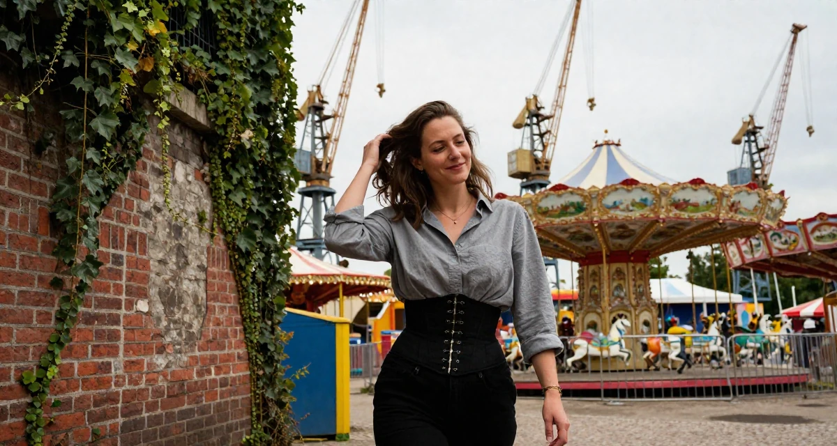 A softly smiling Female From France, studied viticulture and oenology in their 48, preparing for long-term financial planning, wearing a button-up shirt with a corset belt and black pants, running fingers through hair in a carnival with rides.