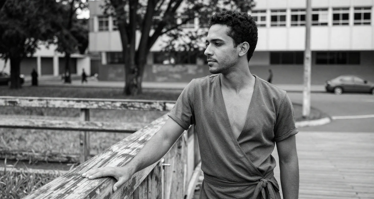 A peaceful male From Brazil, trained in physical therapy in their 24, refining a signature style between classy and daring, wearing a wrap blouse with a deep neckline, grabbing a railing for support in a university campus.