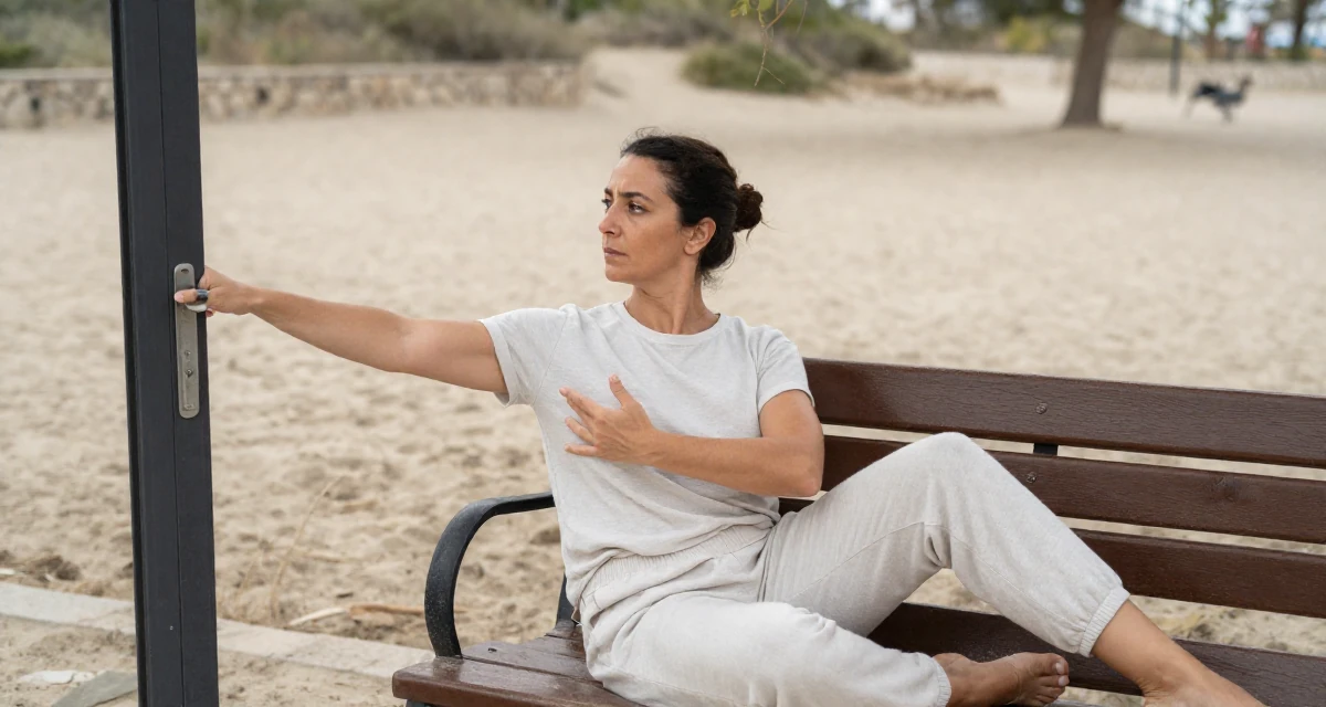 A focused and sharp Female From Athens Greece, learned movement expression through traditional dance in their 43, creating a supportive space for menopause, wearing a clean, neutral-toned casual outfit, opening a door in a park bench.