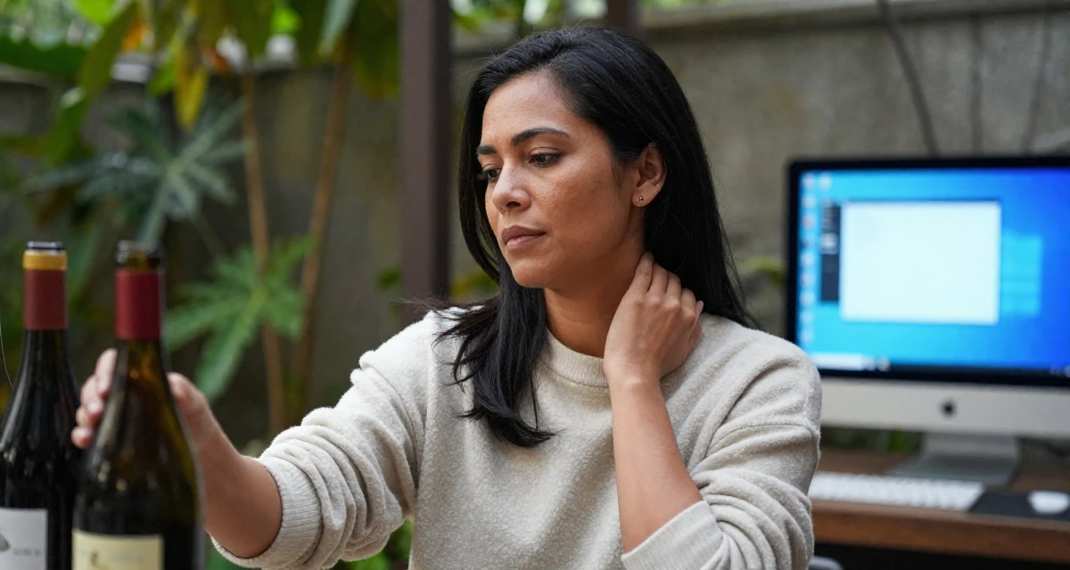 A contemplative Female From the Philippines, based in Davao, graduated from a communication program majoring in fan engagement dynamics in their 45, expert in vintage wine and culinary arts, wearing a cozy fleece pullover, massaging the neck in a garden patio.