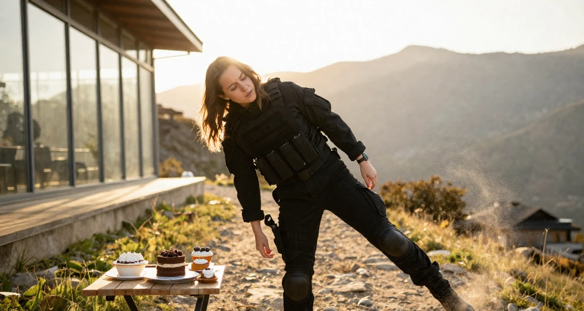 A exhausted Female Previously a pastry student, now blending dessert aesthetics with lifestyle content in their 25, understanding which content gains real engagement, wearing a special forces tactical suit in matte black, kicking up dust playfully in a mountain trail.