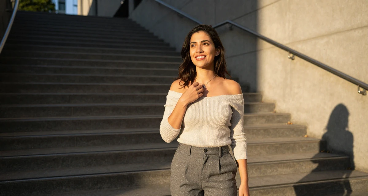A cheerful Female From the United States, based in Seattle, graduated from a community college majoring in digital marketing in their 24, understanding personal limits and staying safe, wearing a off-the-shoulder knit top and dress pants, touching a necklace in a winding staircase.