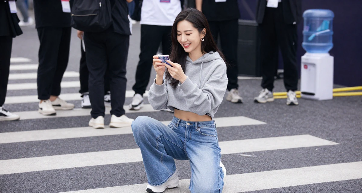 A delighted Female From Nanjing China, picked up videography working backstage at events in their 35, glowing with the wisdom of experience, wearing a cropped hoodie showing midriff and low-rise jeans, inspecting an object in a busy crosswalk.